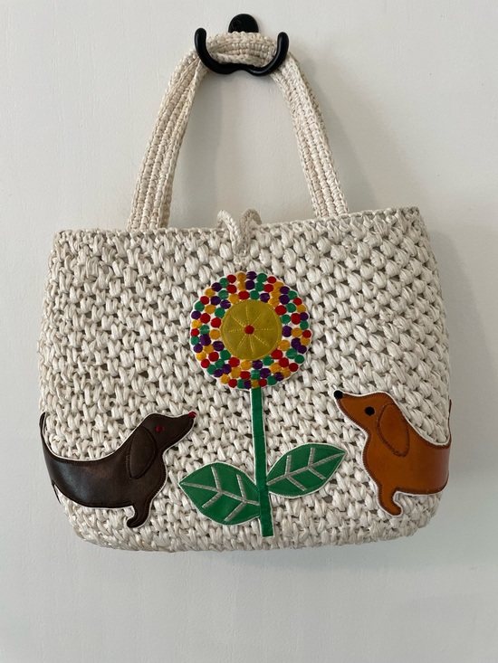Source Unknown Handbags - Vintage Made in Japan Dachmund Woven Tote Bag Leather Appliqué Novelty Dog Purse